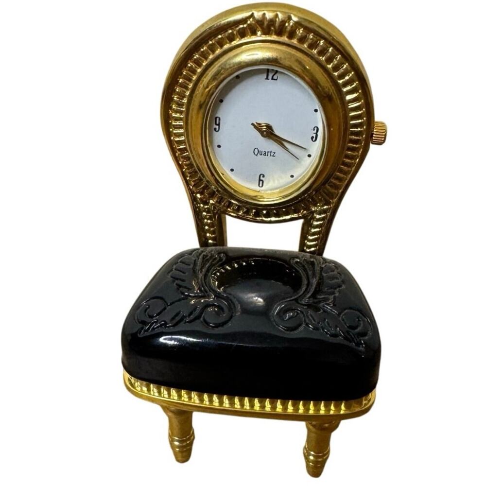 Vintage Miniature Desk Clock Quartz Gold / Black Victorian Style Chair Design